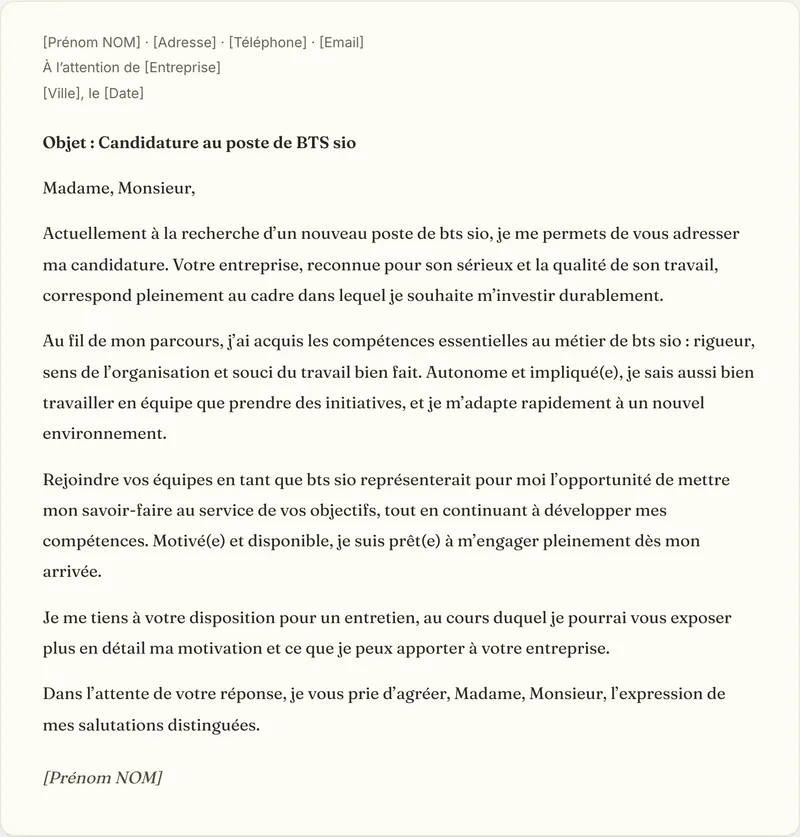 Exemple de lettre de motivation bts sio