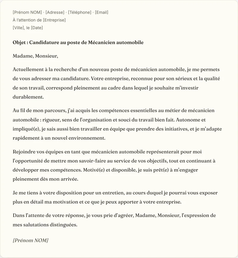 Exemple de lettre de motivation mecanicien automobile
