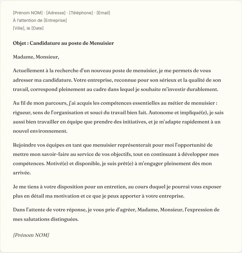 Exemple de lettre de motivation menuisier