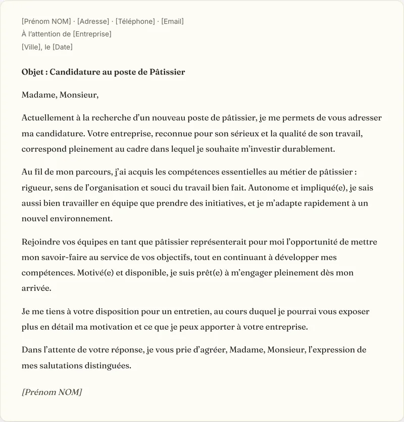 Exemple de lettre de motivation patissier