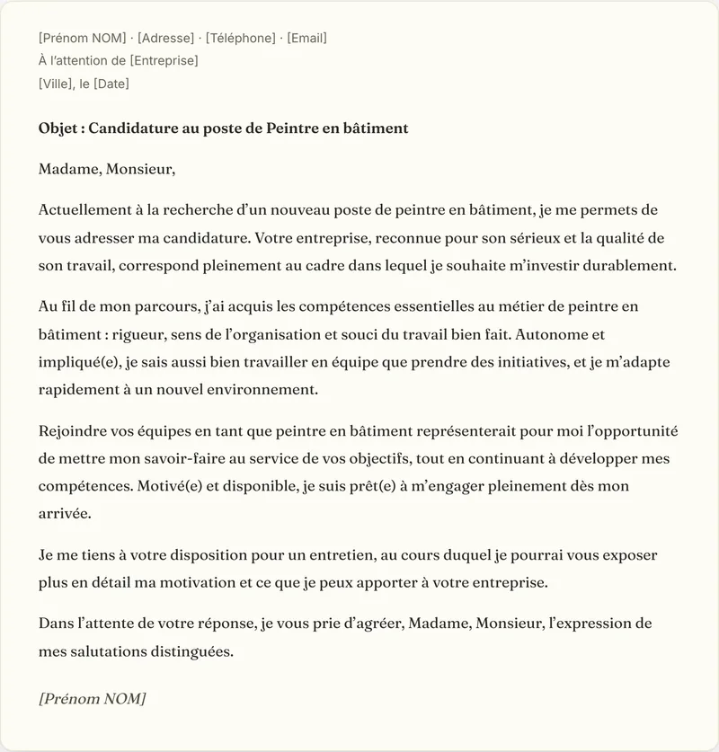 Exemple de lettre de motivation peintre en batiment