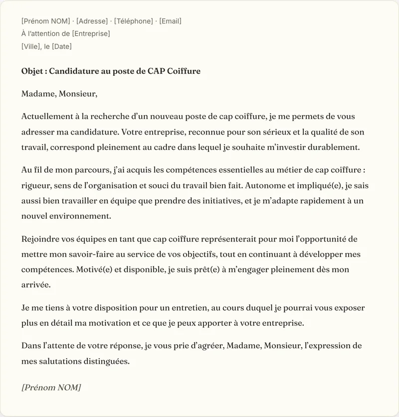 Exemple de lettre de motivation cap coiffure