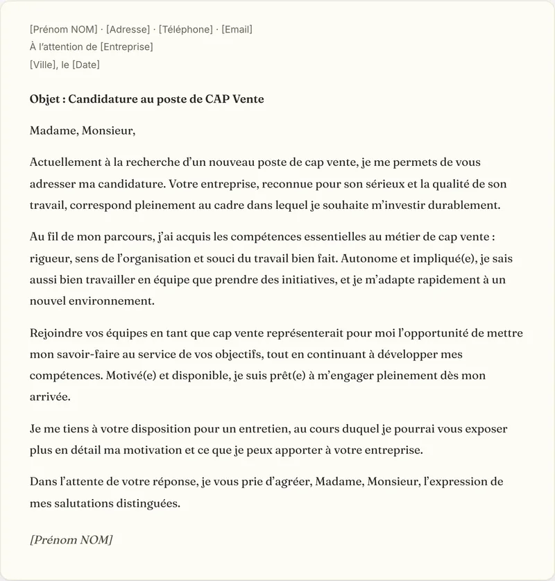 Exemple de lettre de motivation cap vente