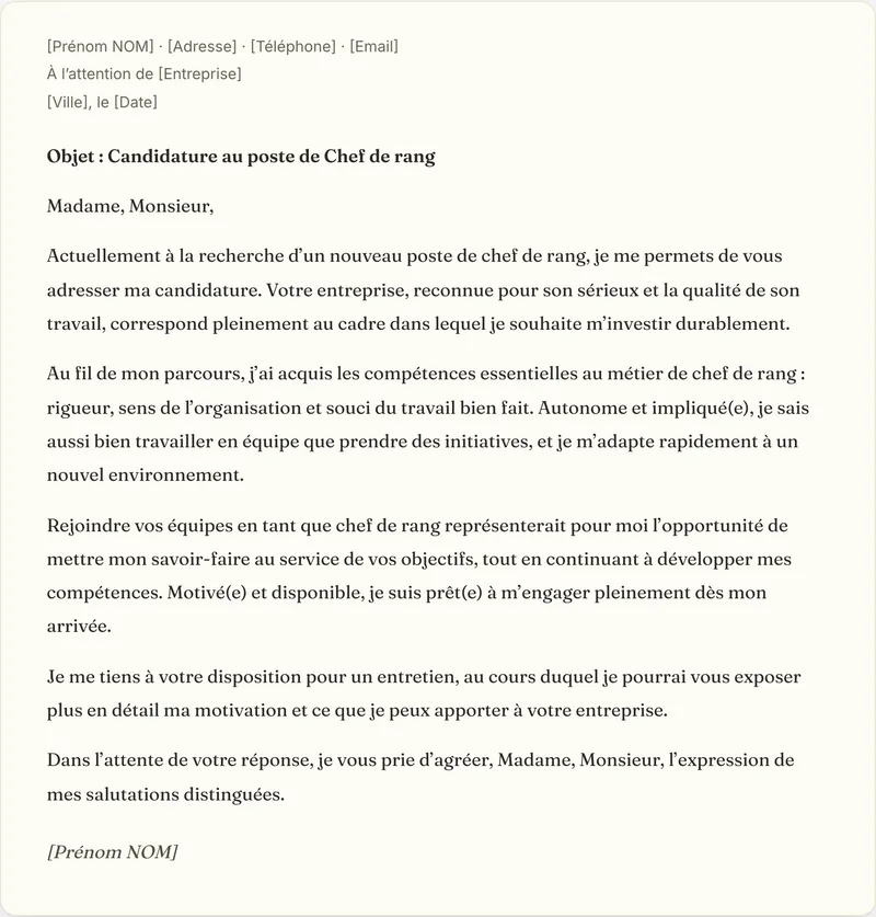 Exemple de lettre de motivation chef de rang