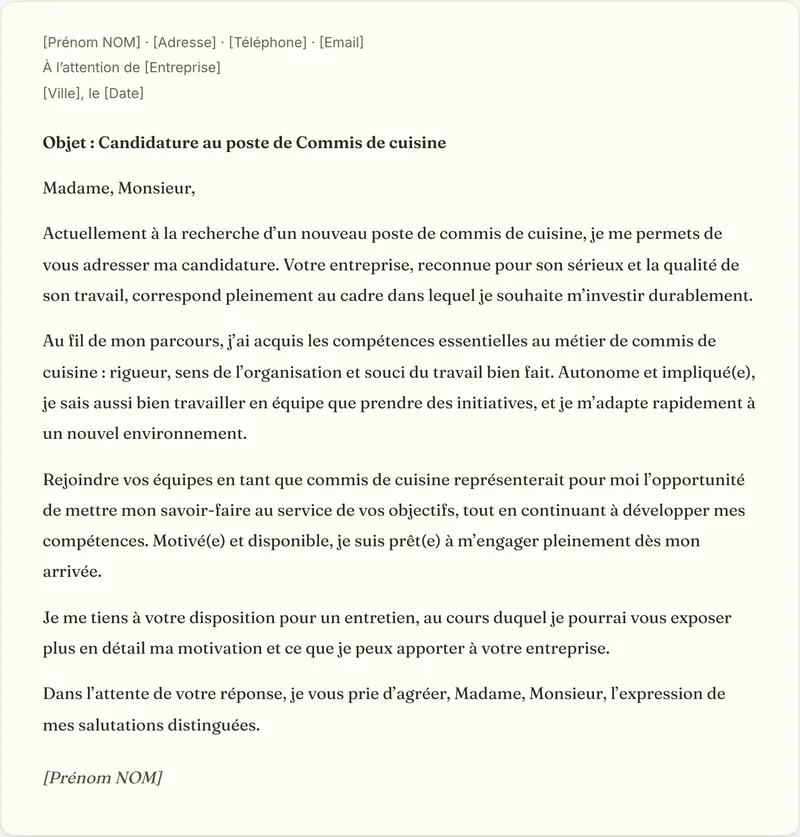 Exemple de lettre de motivation commis de cuisine