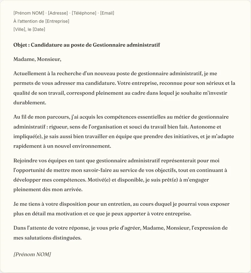 Exemple de lettre de motivation gestionnaire administratif